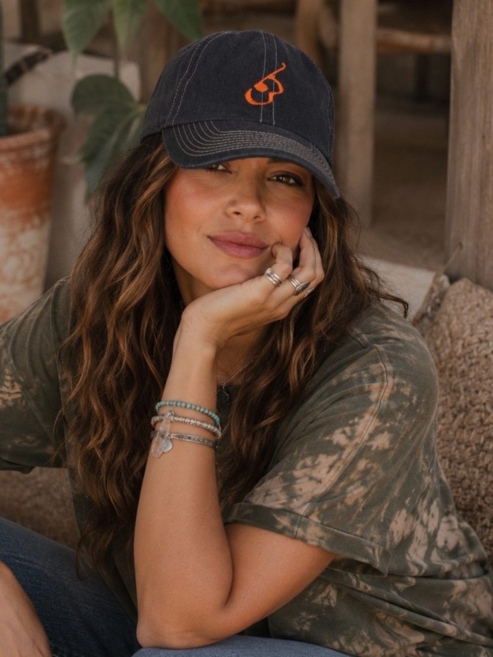 4/$15 Washed Black Baseball Cap with Orange Logo Music Guitar Streetwear
